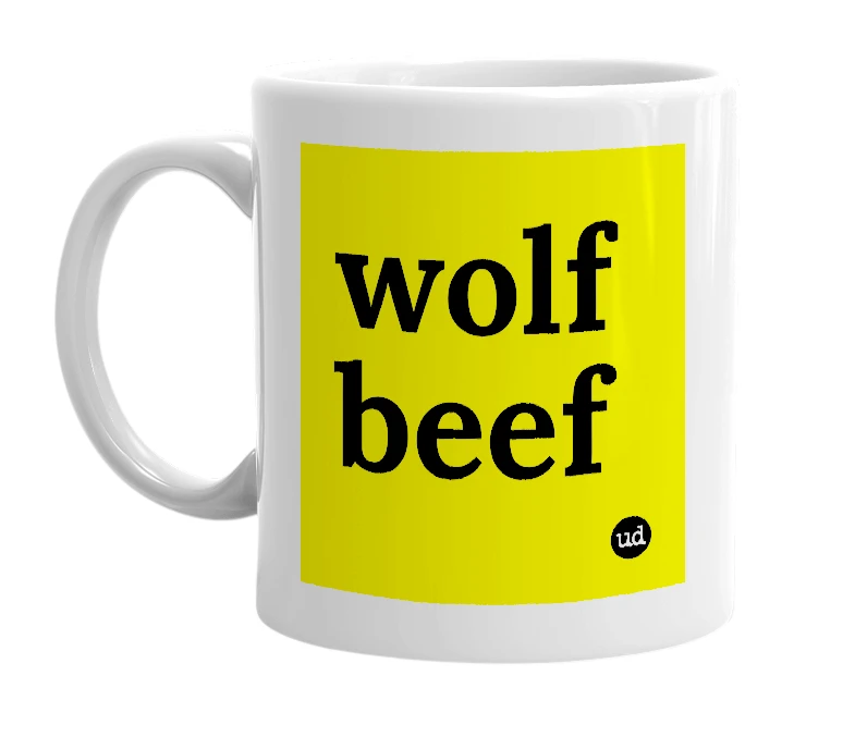 White mug with 'wolf beef' in bold black letters