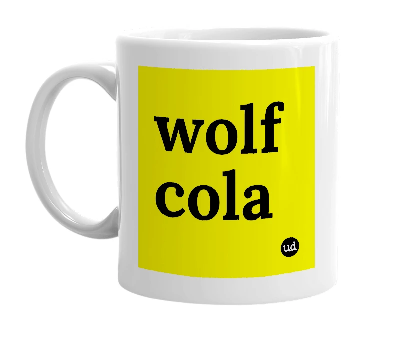 White mug with 'wolf cola' in bold black letters
