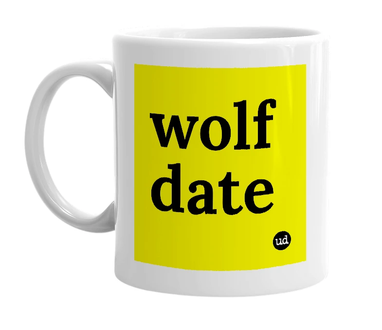 White mug with 'wolf date' in bold black letters