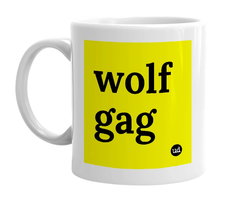 White mug with 'wolf gag' in bold black letters