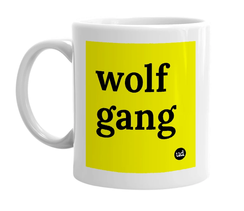 White mug with 'wolf gang' in bold black letters