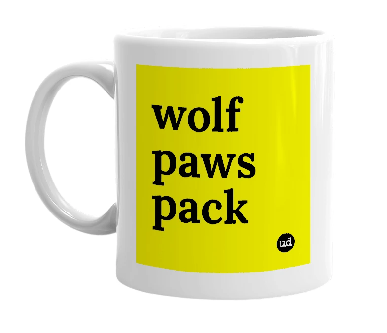 White mug with 'wolf paws pack' in bold black letters