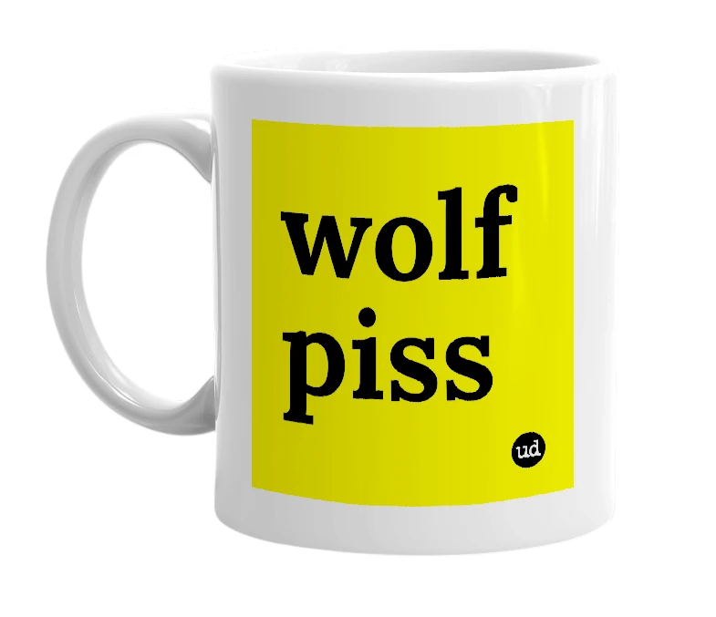 White mug with 'wolf piss' in bold black letters