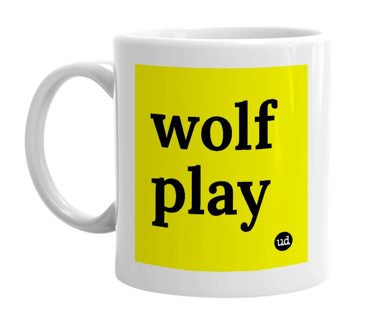 White mug with 'wolf play' in bold black letters