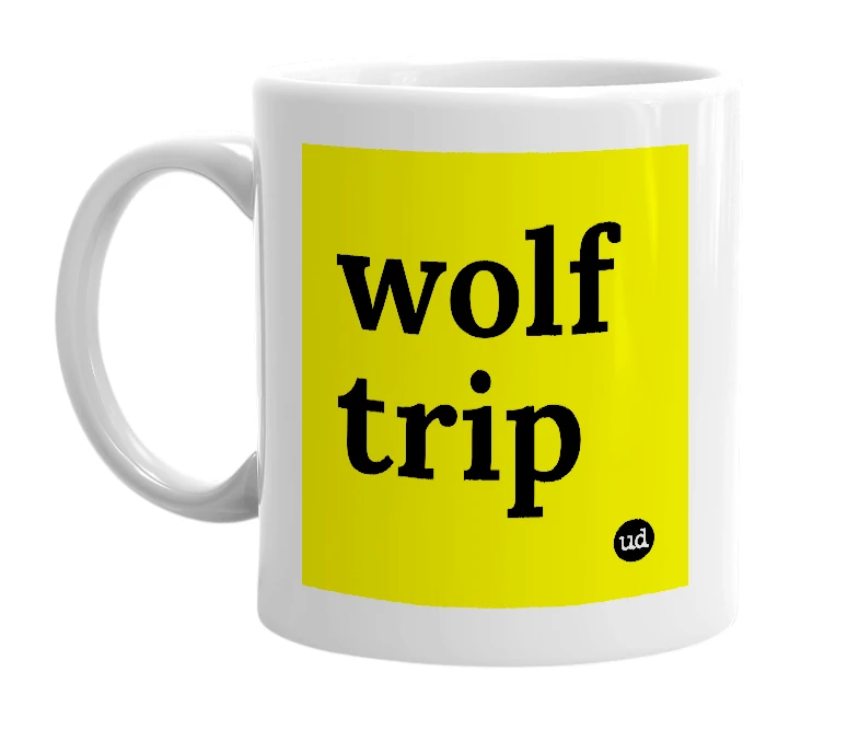 White mug with 'wolf trip' in bold black letters