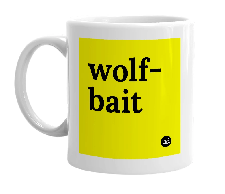 White mug with 'wolf-bait' in bold black letters