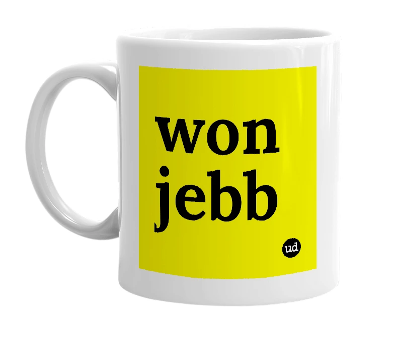 White mug with 'won jebb' in bold black letters