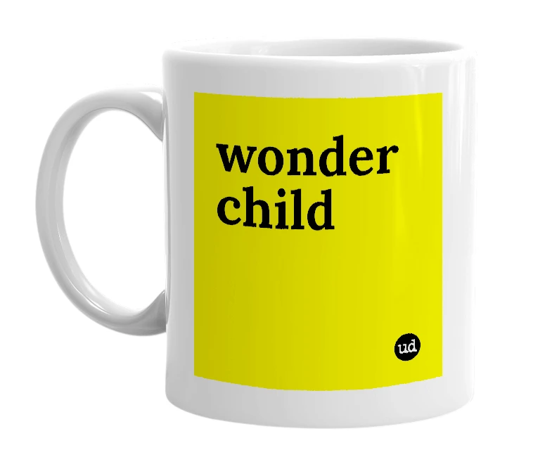 White mug with 'wonder child' in bold black letters