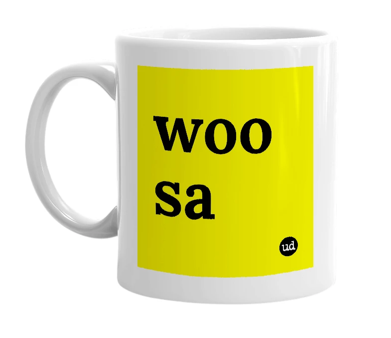 White mug with 'woo sa' in bold black letters