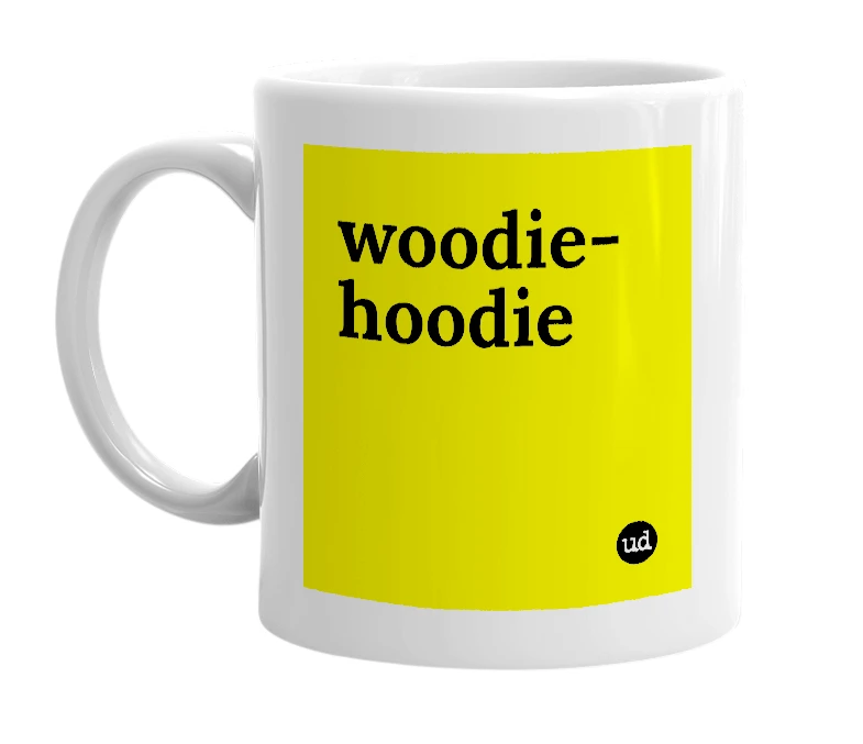 White mug with 'woodie-hoodie' in bold black letters