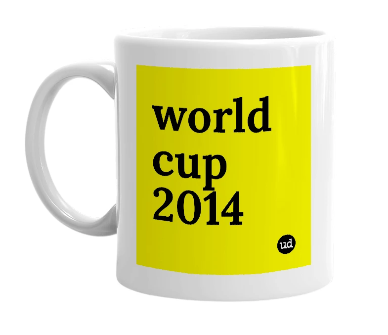White mug with 'world cup 2014' in bold black letters
