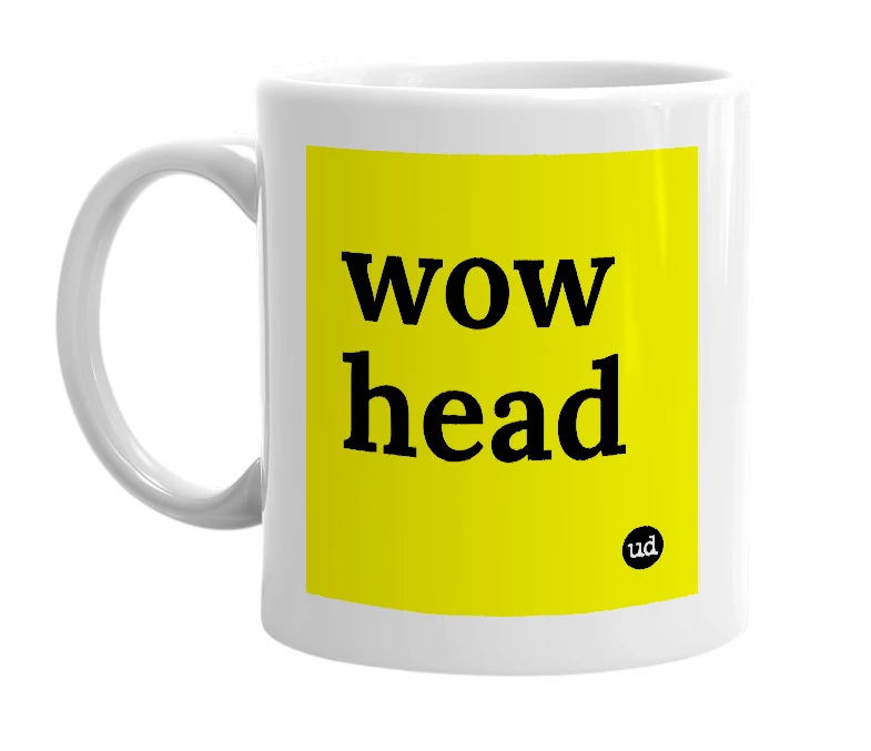 White mug with 'wow head' in bold black letters