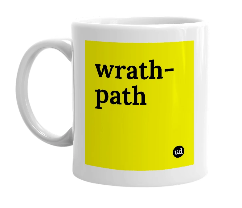 White mug with 'wrath-path' in bold black letters