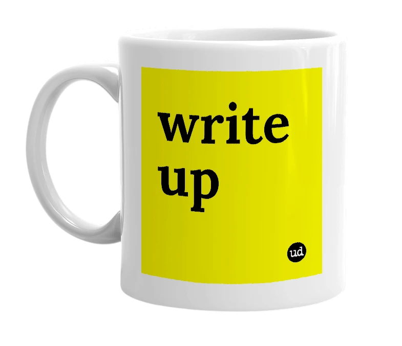 White mug with 'write up' in bold black letters