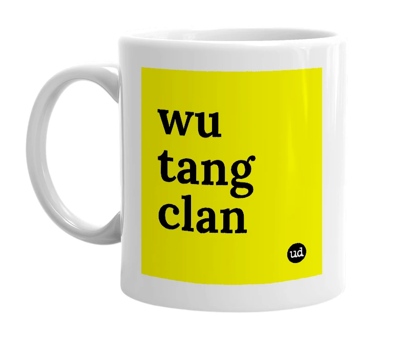 White mug with 'wu tang clan' in bold black letters