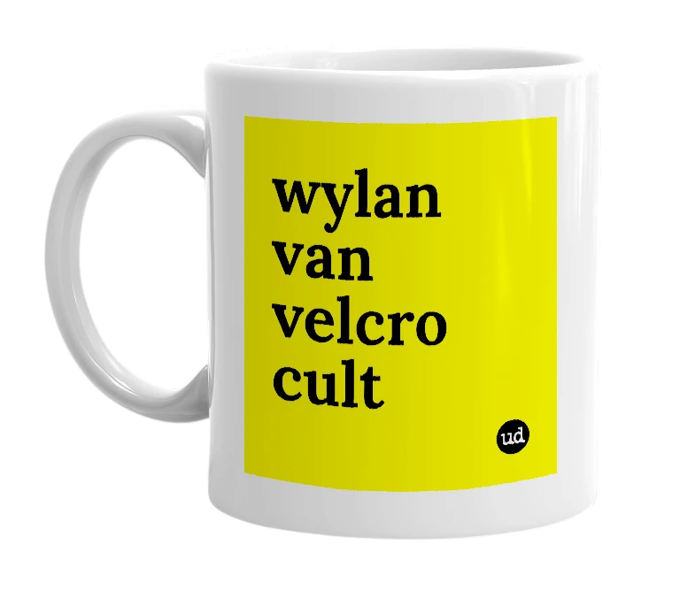 White mug with 'wylan van velcro cult' in bold black letters