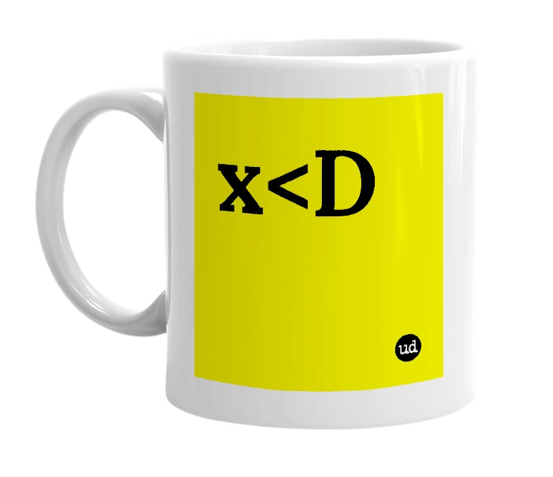 White mug with 'x<D' in bold black letters