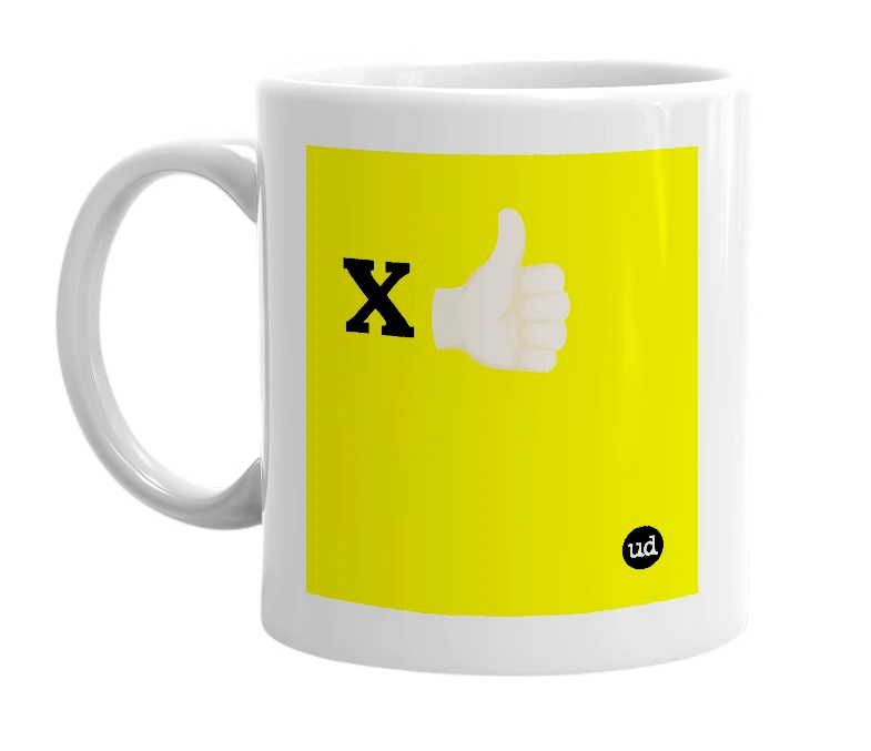 White mug with 'x👍🏻' in bold black letters