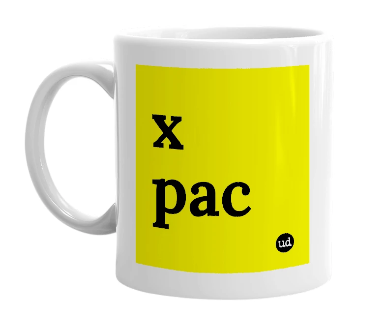 White mug with 'x pac' in bold black letters