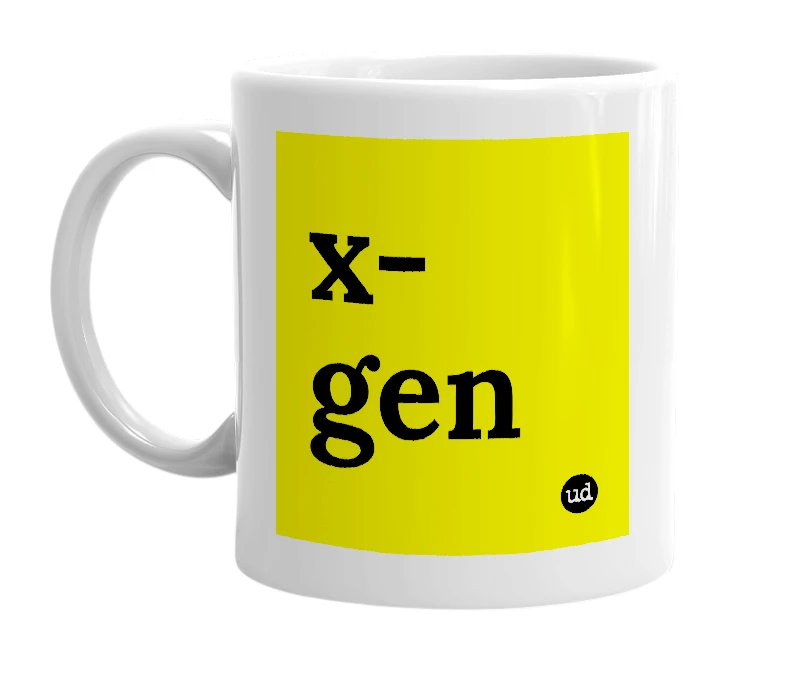 White mug with 'x-gen' in bold black letters