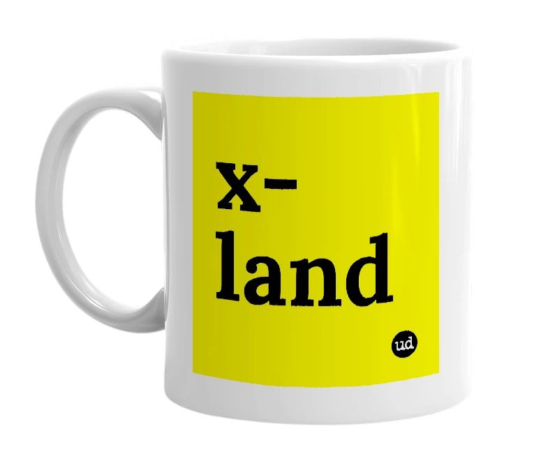 White mug with 'x-land' in bold black letters