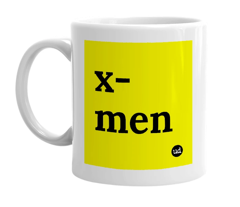 White mug with 'x-men' in bold black letters