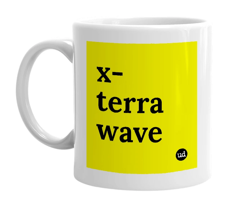 White mug with 'x-terra wave' in bold black letters