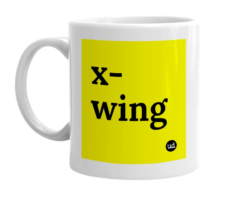 White mug with 'x-wing' in bold black letters