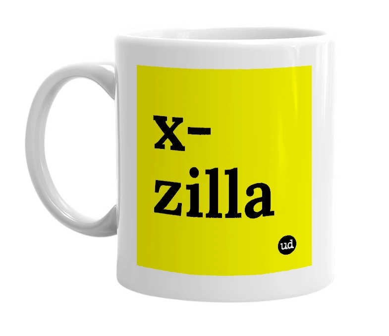 White mug with 'x-zilla' in bold black letters