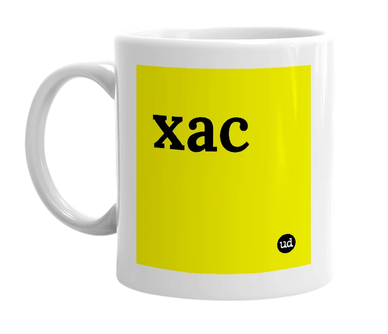White mug with 'xac' in bold black letters
