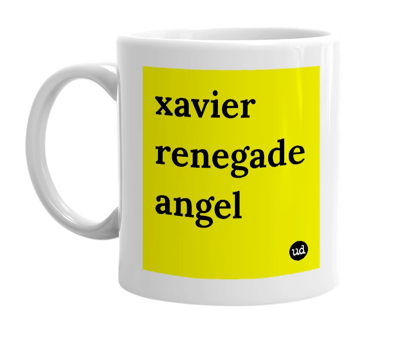 White mug with 'xavier renegade angel' in bold black letters
