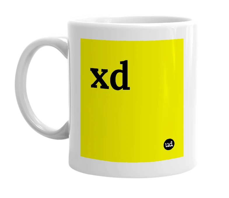 White mug with 'xd' in bold black letters