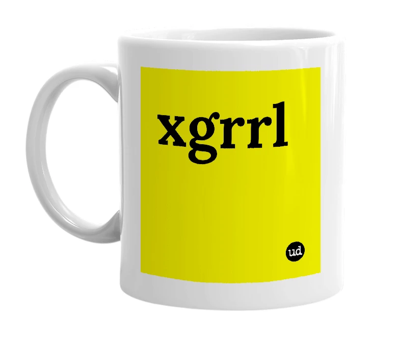 White mug with 'xgrrl' in bold black letters