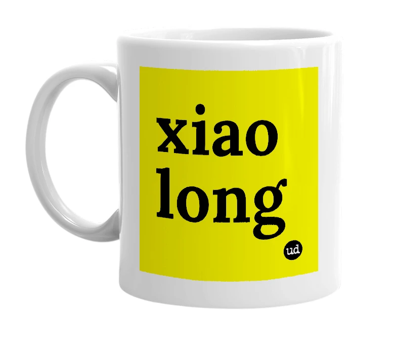White mug with 'xiao long' in bold black letters