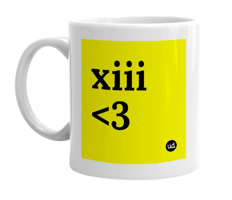 White mug with 'xiii <3' in bold black letters