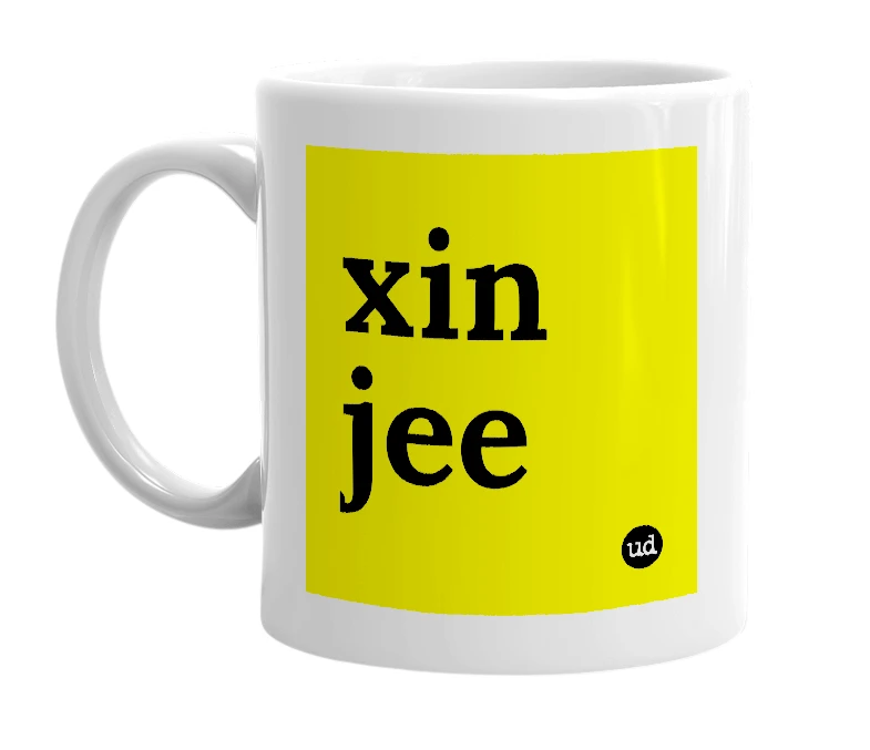 White mug with 'xin jee' in bold black letters
