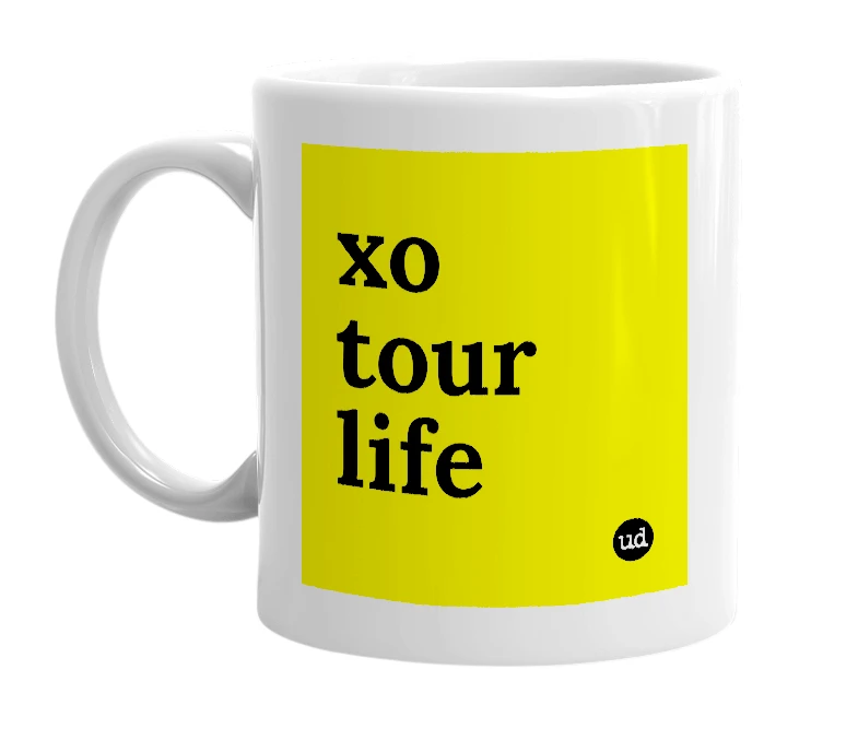 White mug with 'xo tour life' in bold black letters