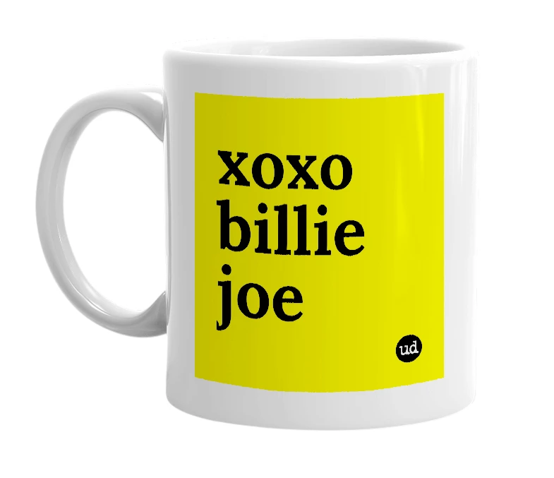 White mug with 'xoxo billie joe' in bold black letters