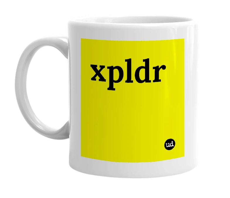White mug with 'xpldr' in bold black letters