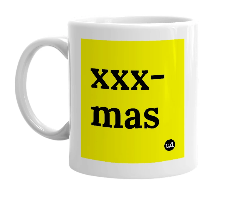 White mug with 'xxx-mas' in bold black letters