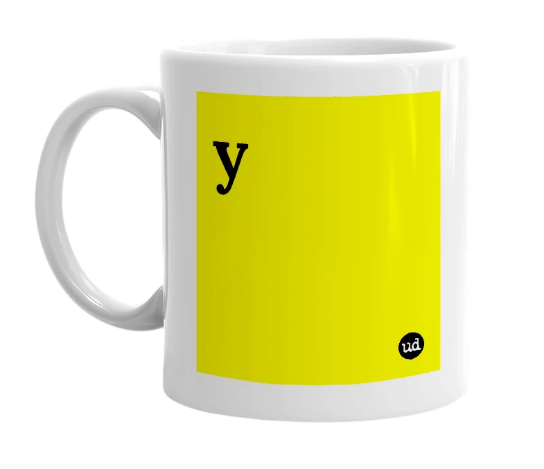 White mug with 'y' in bold black letters