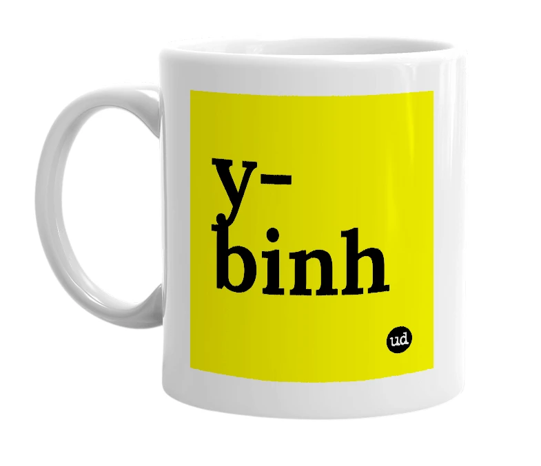 White mug with 'y-binh' in bold black letters