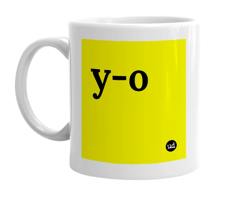 White mug with 'y-o' in bold black letters