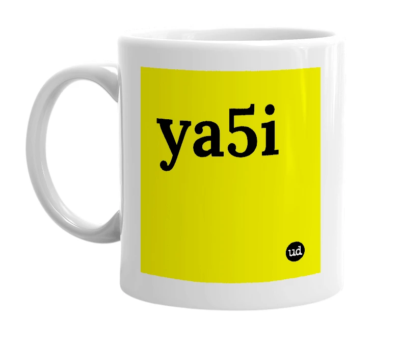 White mug with 'ya5i' in bold black letters