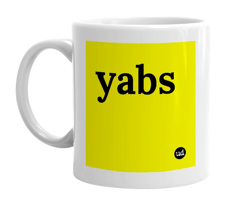 White mug with 'yabs' in bold black letters