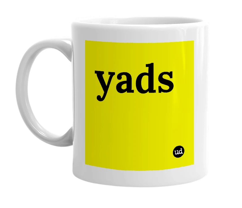 White mug with 'yads' in bold black letters