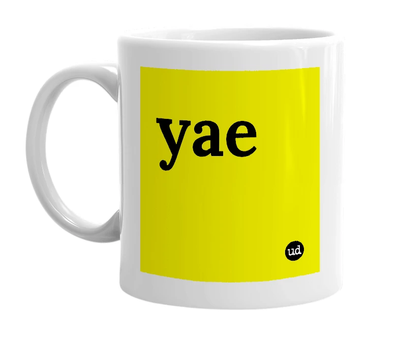 White mug with 'yae' in bold black letters