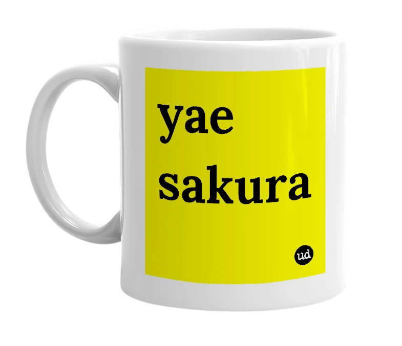 White mug with 'yae sakura' in bold black letters