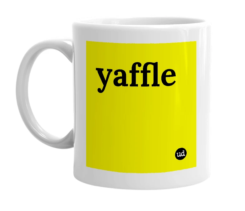 White mug with 'yaffle' in bold black letters