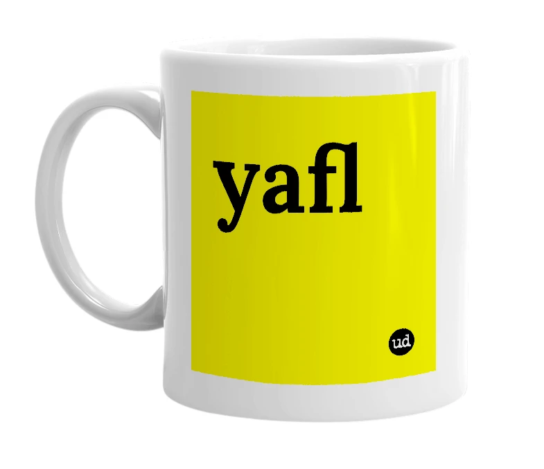 White mug with 'yafl' in bold black letters